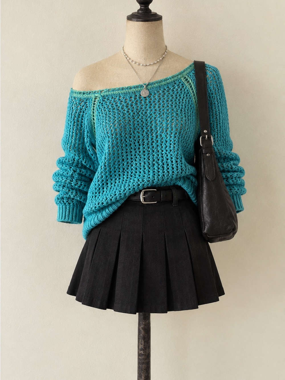 new directions Turquoise Open-Knit Off-Shoulder Sweater